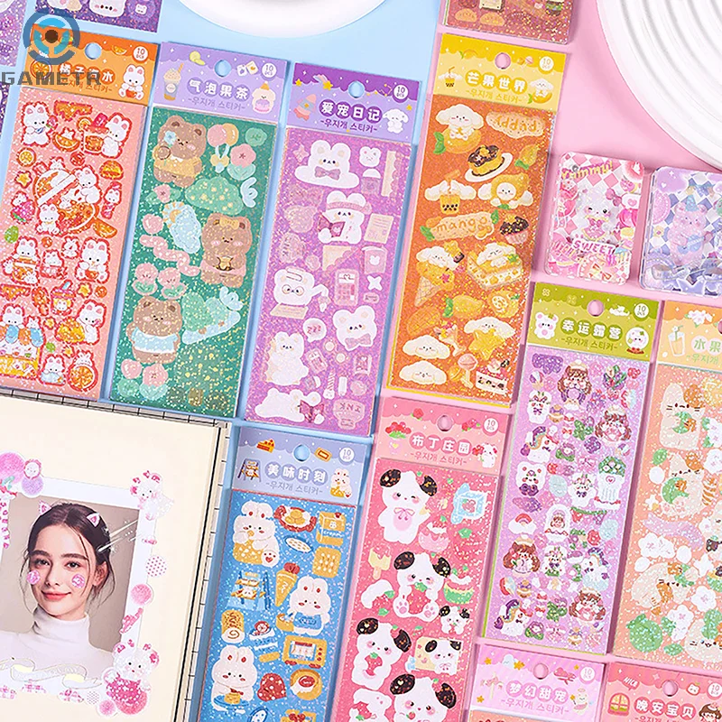 10PCS Kawaii Korean Deco Sticker Pack Cute Colorful Cartoon Designs Sparkling Glitter Effect Diary Deco