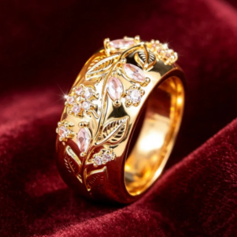 2026 Retro Flower Leaf Set Zircon Wide Ring, Light Luxury Countryside Style, Three-dimensional Carved Leaves with Accessories