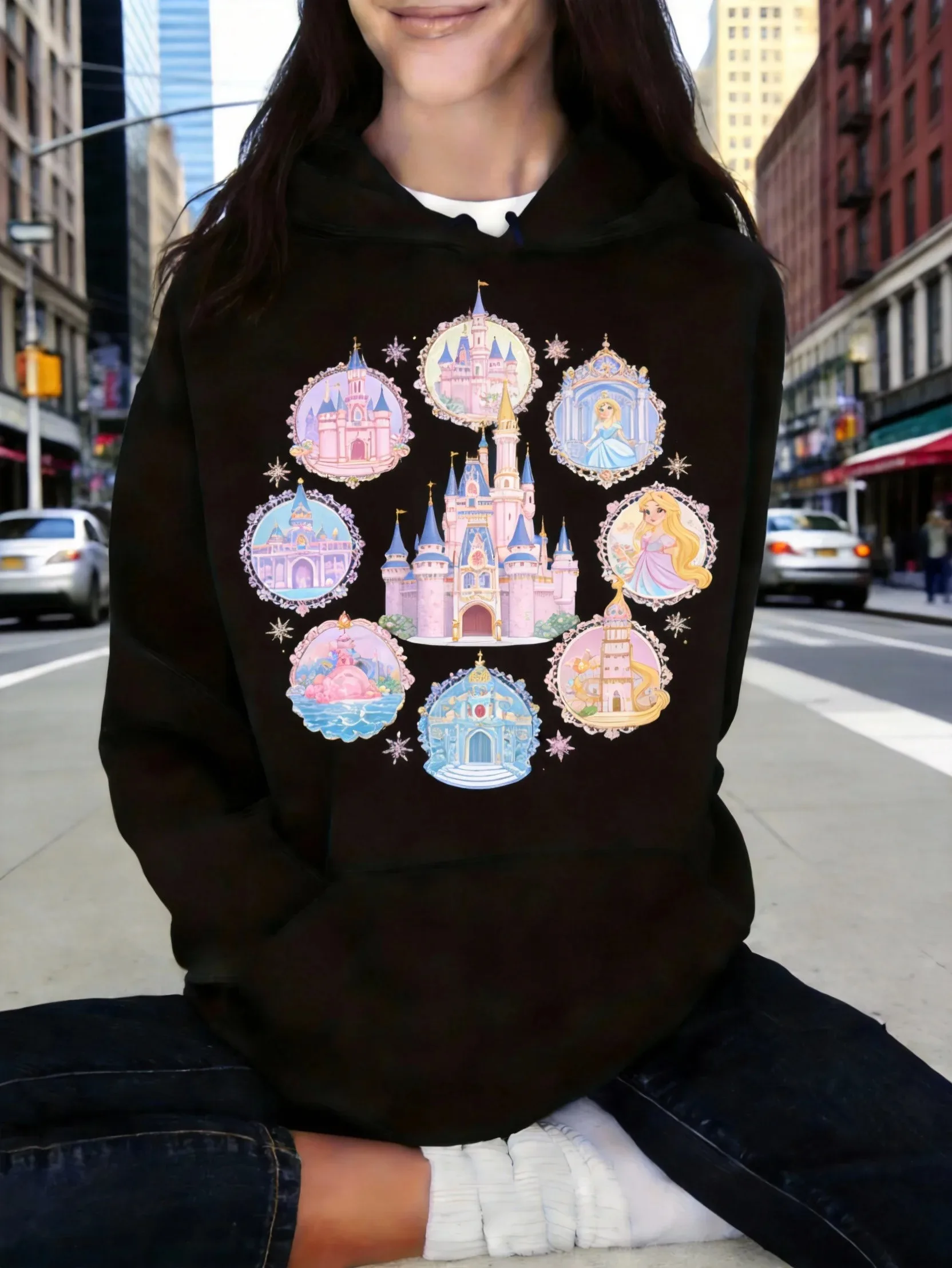 

Черная хлопковая толстовка унисекс с принтом замка принцесс Диснея: Золушка, Ариэль, Белль, Жасмин, Белоснежка, Мулан. Модный пуловер.