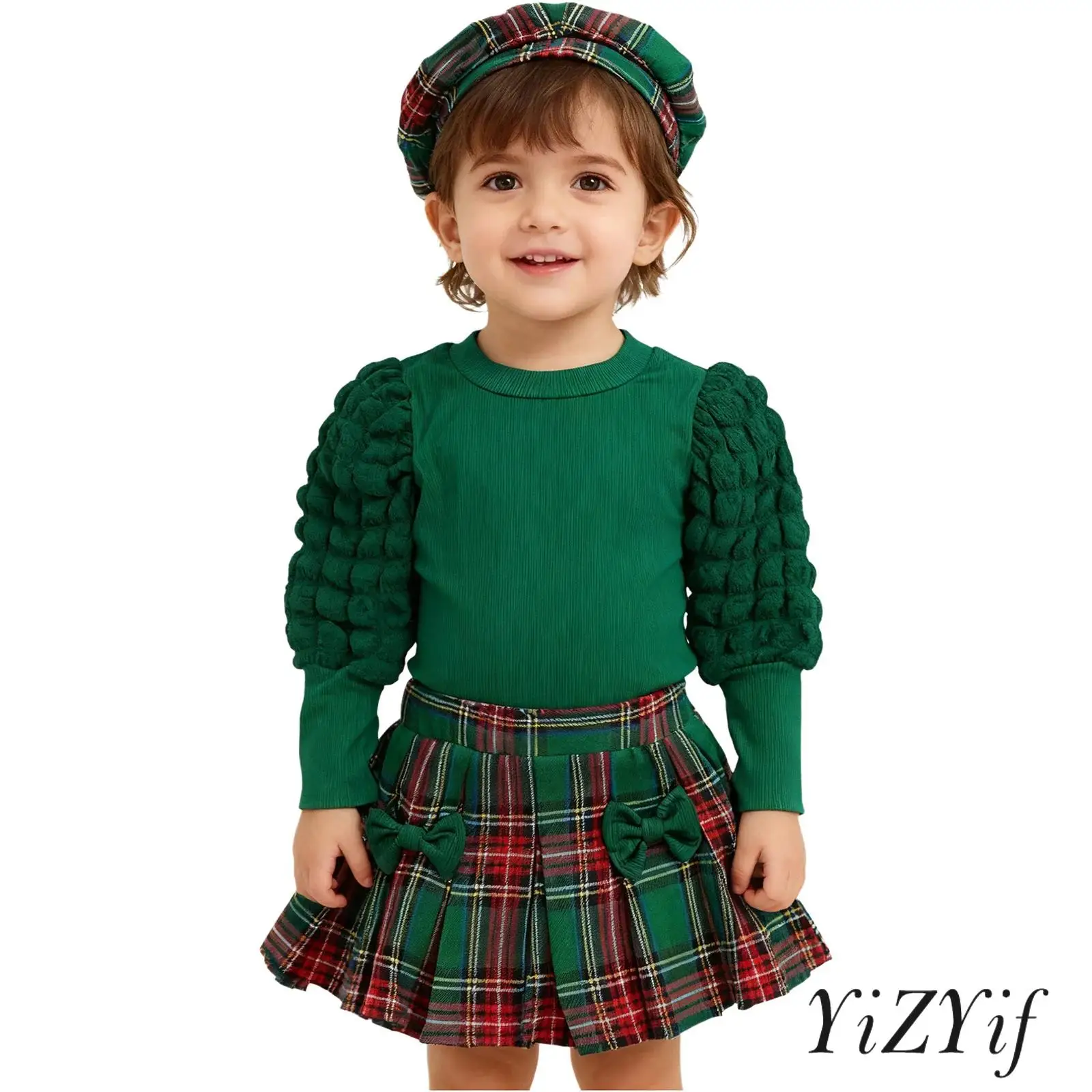 

Toddler Baby Girls 3-Piece Christmas Outfit Long Puff Sleeves Ribbed Top with Skirt and Hat Set for Holiday Family Gathering