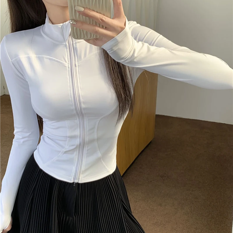 Rimocy Lente Zomer Slim Fit Crop Tops Vrouwen Koreaanse Wilde Sport Fitness Lange Mouw Jas Vrouw Y2K Streetwear Rits T-shirt