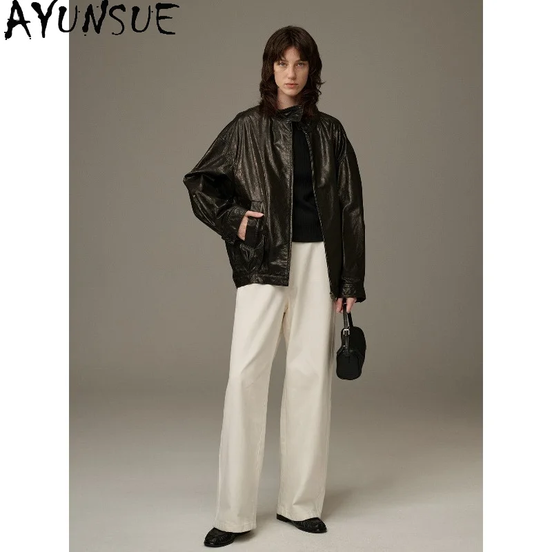 AYUNSUE Oil-wax Goatskin Leather Jacket Woman Loose Stand Collar Tops for Woman Fashion Black Outerwears Woman Clothes Jaqueta