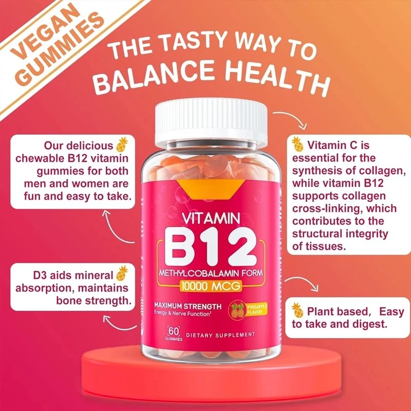 

Vitamin B12 gummies 5000mcg/10000 micrograms (methyl B12), used for energy and metabolism, bone and immune system support