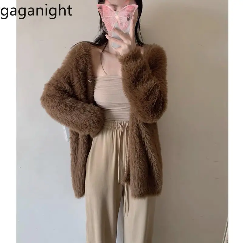 Gaganight Women V neck Solid Color Sweater Cardigan 2023 Autumn Winter Gentle Style Soft Imitation Mink Wool Knitted Jacket Top