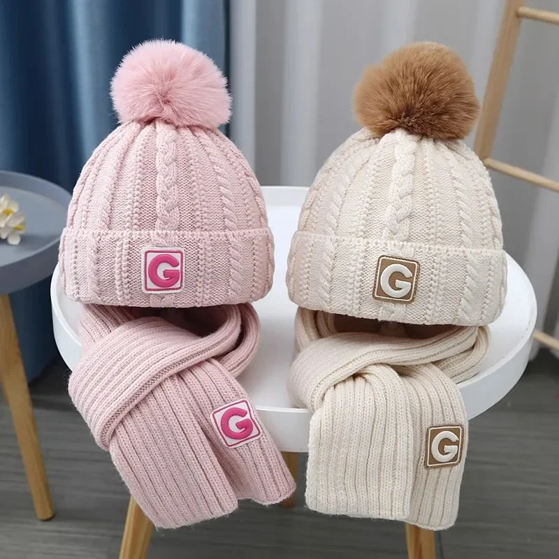 

Children Winter Hats Scarf Set Knit Beanies Thick Double Layers Cute Fur Pompom Winter Hats Girls Boys Warm Set 3-10 Years