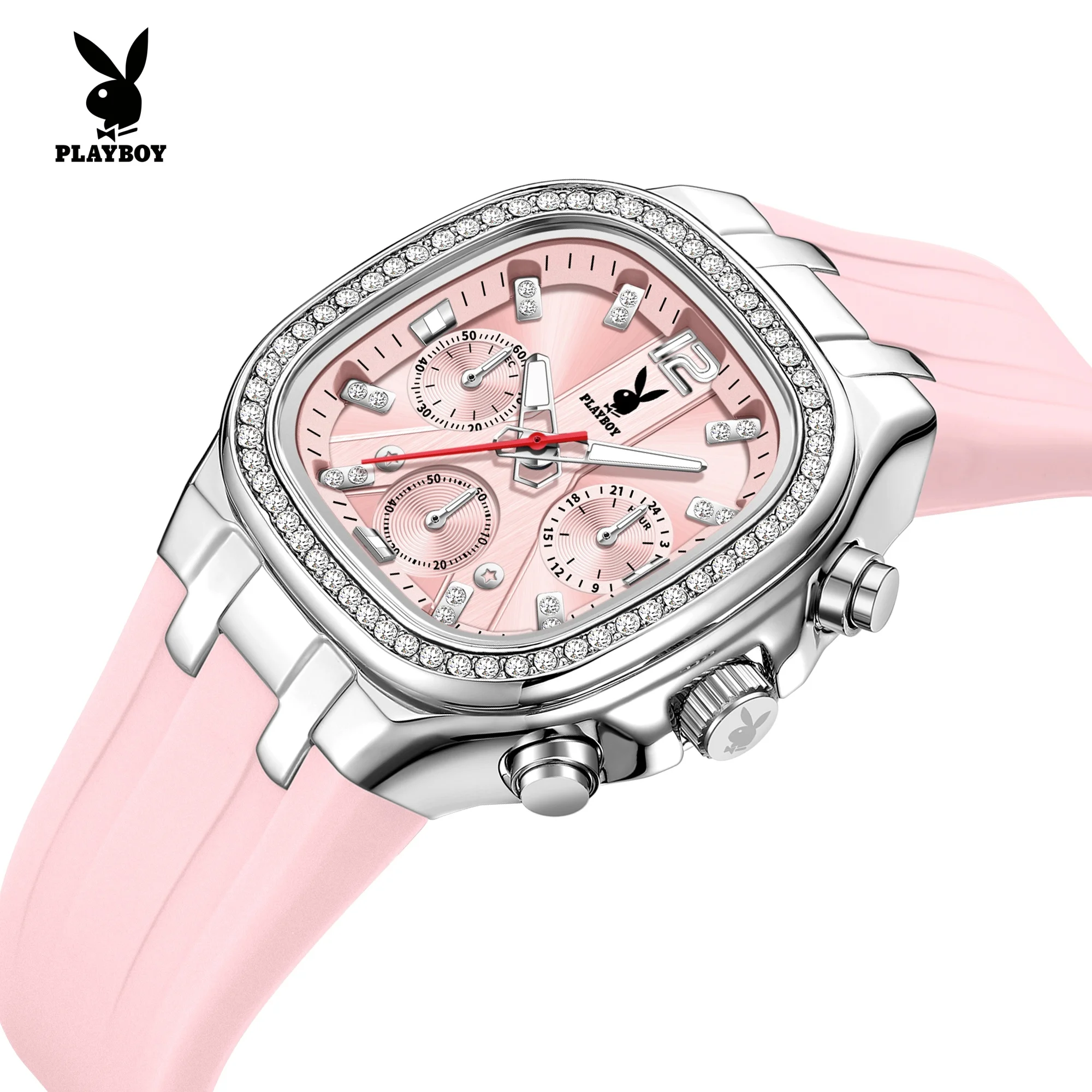 PLAYBOY Quartz Watches for Women Fashion Silicone Strap Diamond Bezel Luminous Waterproof Chronograph Casual Ladies Wristwatches