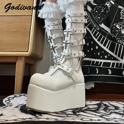 White Long Boots Female Punk Style Sweet Cool Motorcycle Boots Spring and Autumn Mid-Calf Length Girls Thick Bottom Boots