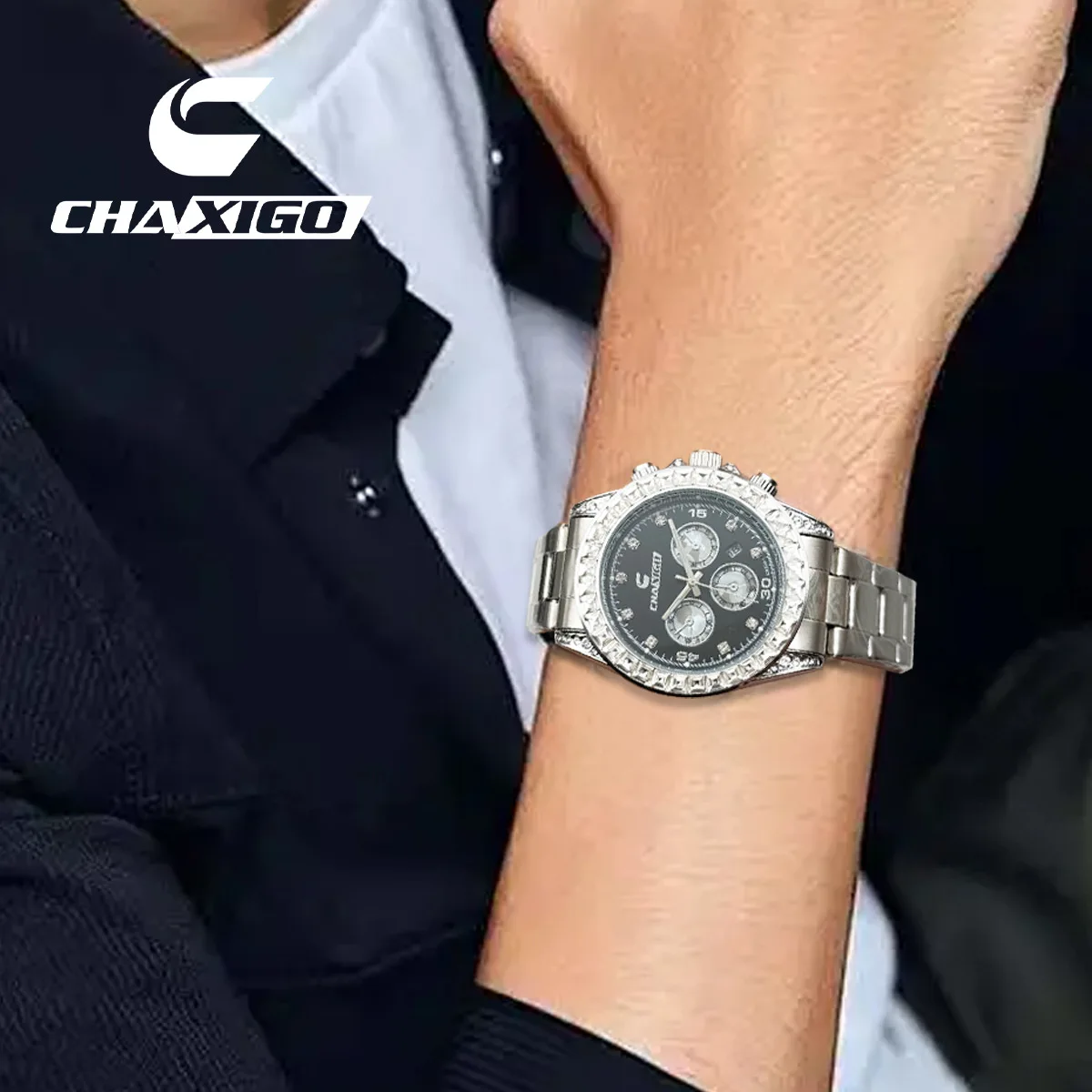 CHAXIGO Diamond-encrusted Multifunctional Men's Quartz Watch Business Timing Steel Belt Light Luxury Luminous Waterproof**