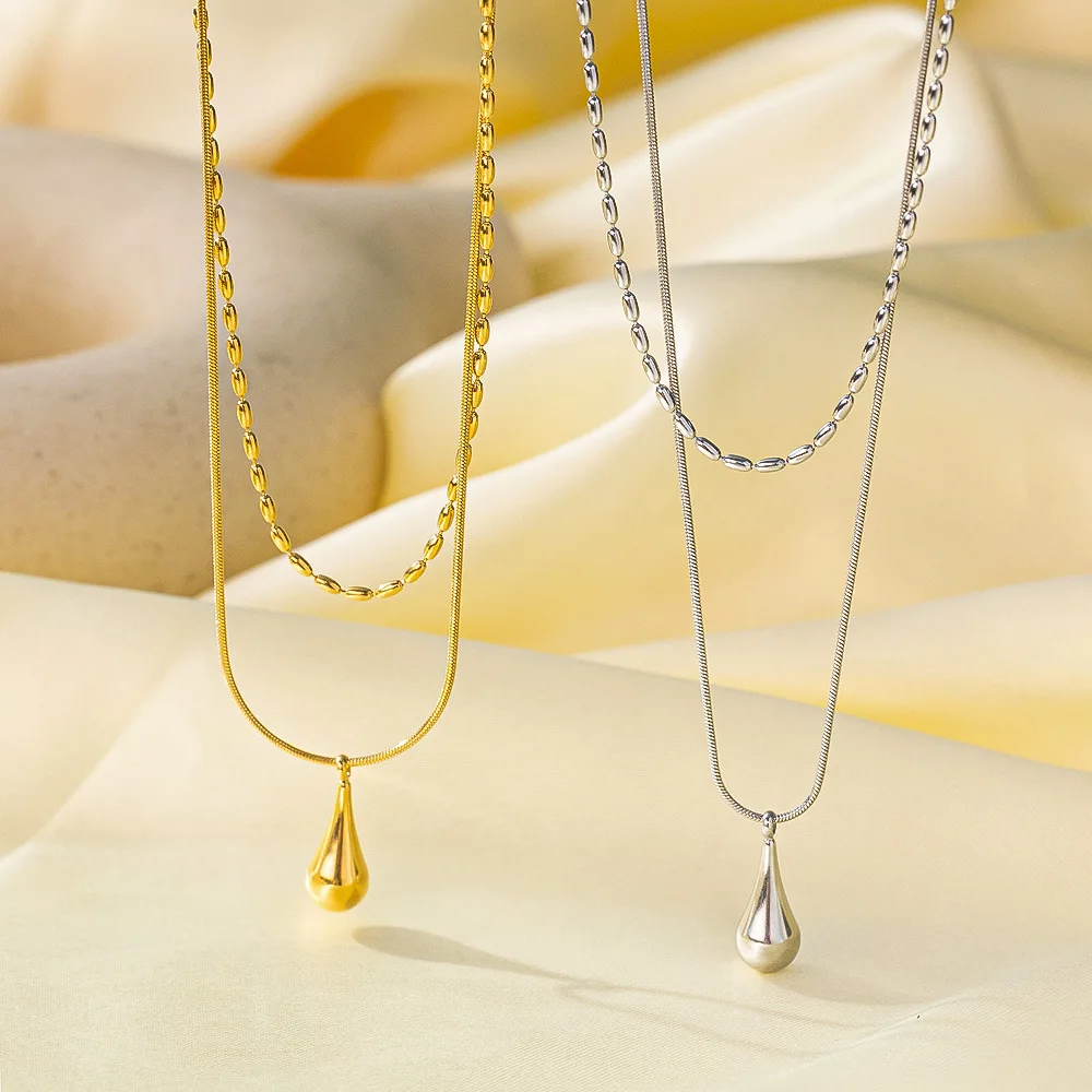 DIEYURO 316L Stainless Steel Golden Water Droplet Double-layer Necklace For Women Trend Fashion Neck Chain Jewelry Daily Gift