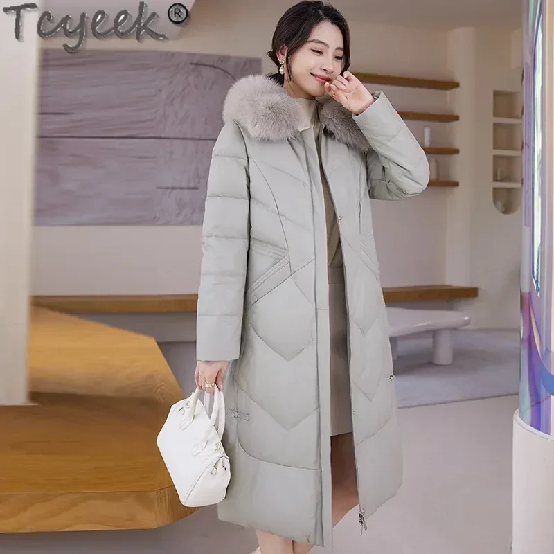 Tcyeek chaqueta de cuero genuino para mujer 2024 abrigos largos de piel de oveja ropa de mujer invierno 90% plumón de pato blanco abrigo cálido Cuello de piel de zorro