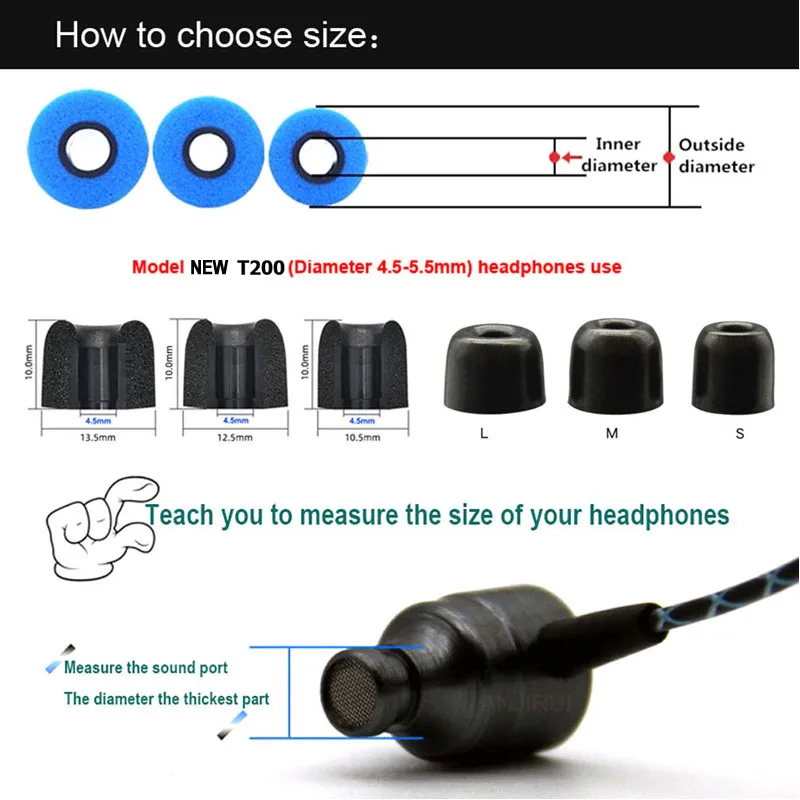 3Pairs Memory Foam Eartips T200 4.5mm M Ear Pads For In-ear Earphone 4.5-5.5mm Earphones Enhanced Bass Earbud Accessories