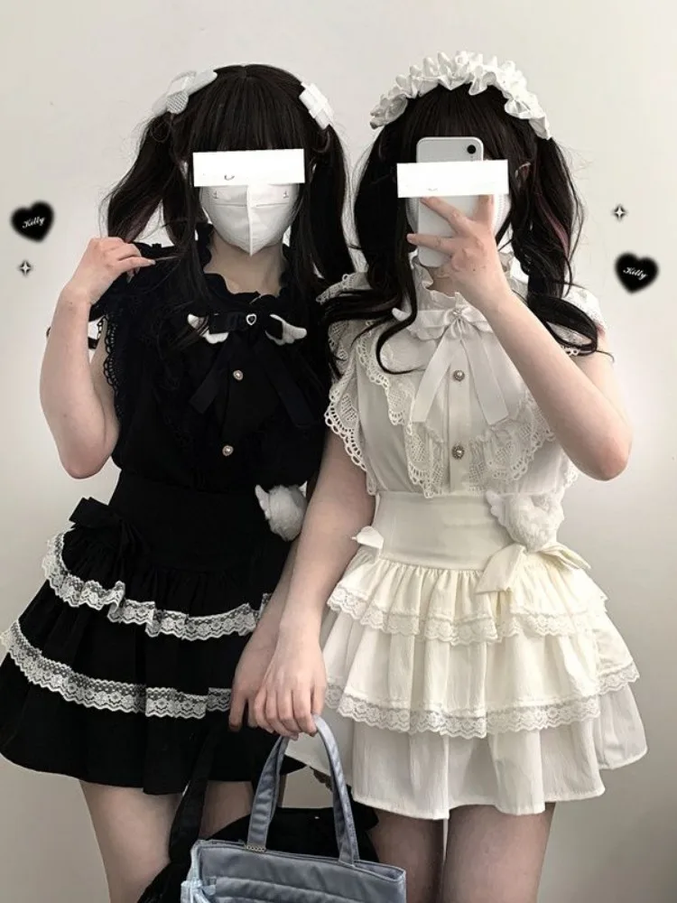 

Kawaii Girl Sweet Lolita Рубашка с летающими рукавами Y2k Эстетическая кружевная лоскутная блузка Женские японские топы Женские элегантные Jk Bow Blusa