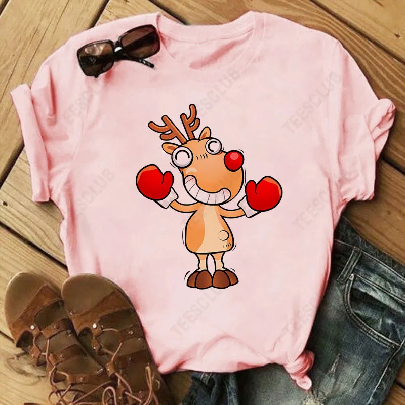 

Merry Christmas Tshirt New Cartoon Reindeer Print Casual T-shirt for Christmas Tops Harajuku Graphic T Shirts Women Clothing