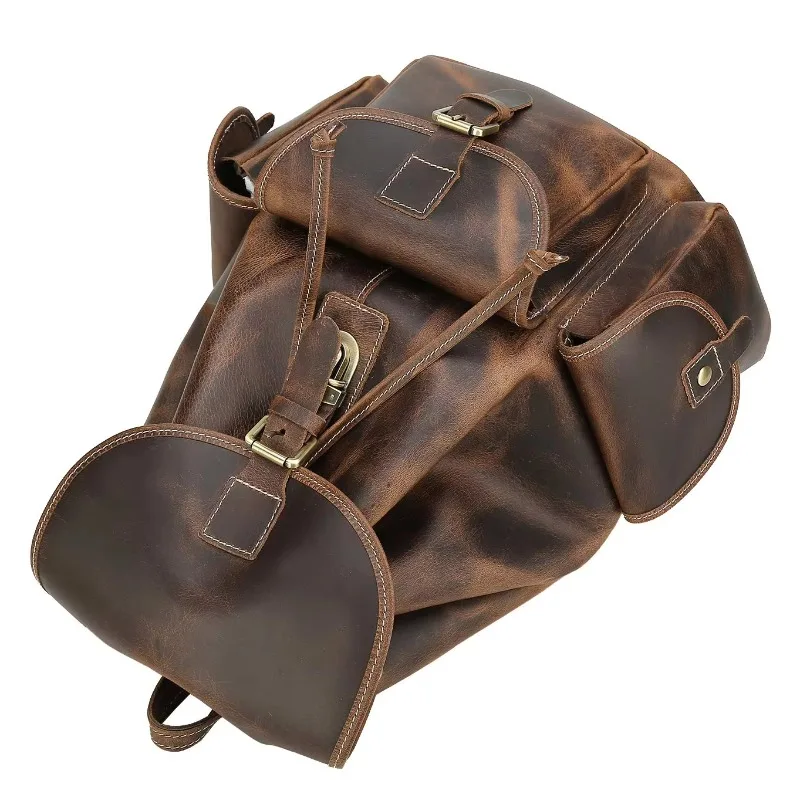Premium Brown Vintage Leather Drawstring Backpack Unisex Travel Bag with Lid Seal for University and Outdoor Use
