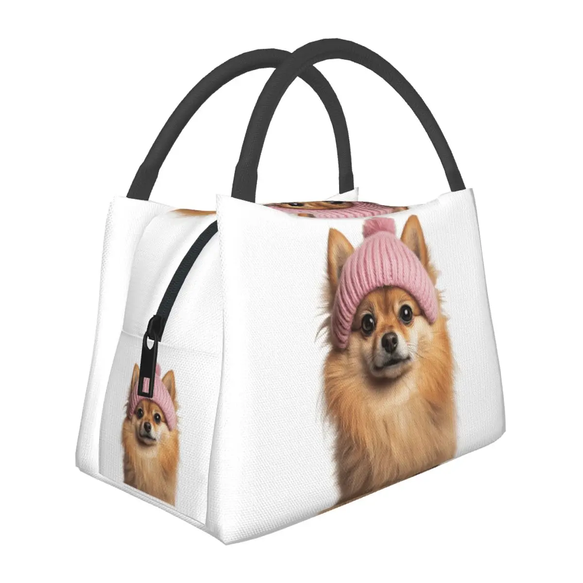 Cozy Pomeranian Dog Wearing Pink Winter Hat Insulated Lunch Bag for Women Bento Storage Food Boxes Cooler Thermal Lunch Box Tote