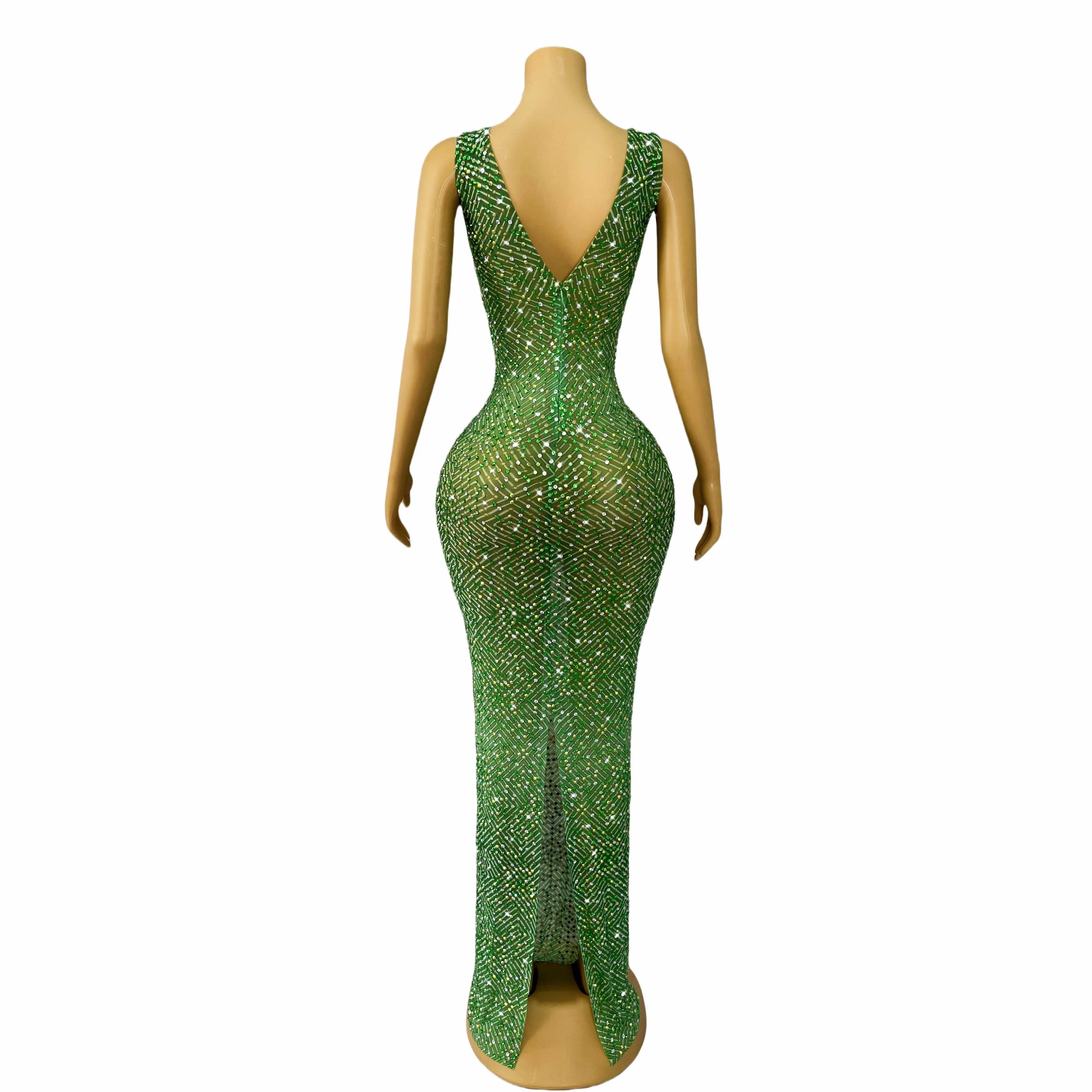 Groene glanzende strass V-hals mouwloze mesh rok dames verjaardagsfeestje prestatie viering outfit stretch kostuum Heshibi