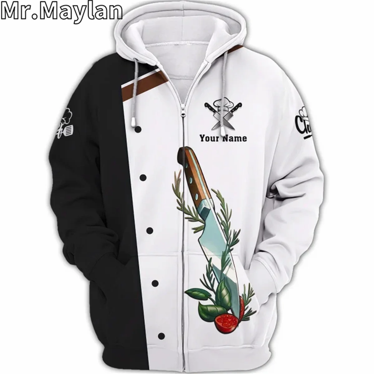 Sudadera con capucha Unisex con nombre personalizado, uniforme de CHEF, cuchillos de CHEF, Sudadera con capucha 3D, ropa de calle, jersey con cremallera, chaqueta informal, chándales R022