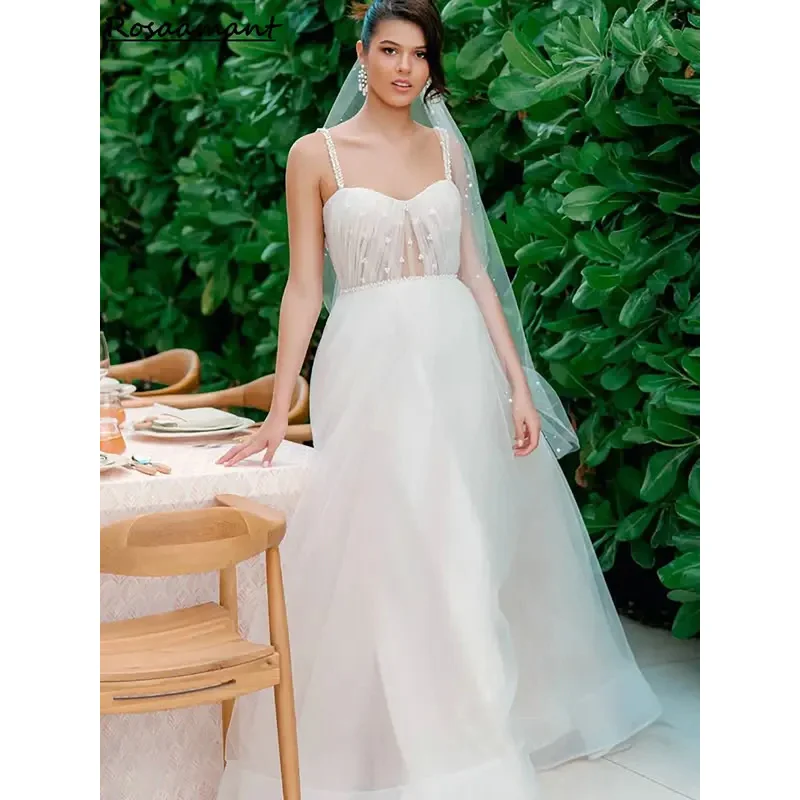 

Boho Beach Spaghetti Straps Pearls Beading Wedding Dress A-Line Illusion Sleeveless Pleat Bridal Gowns