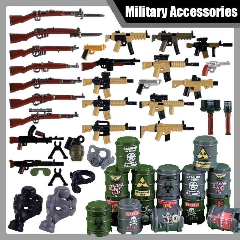 MOC Military Soldier Figure Accessories WW2 Army Rifle 98K Sniper Gas Mask SWAT Police Guns Oil Drum Warrior DIY Bricks Toy Gift