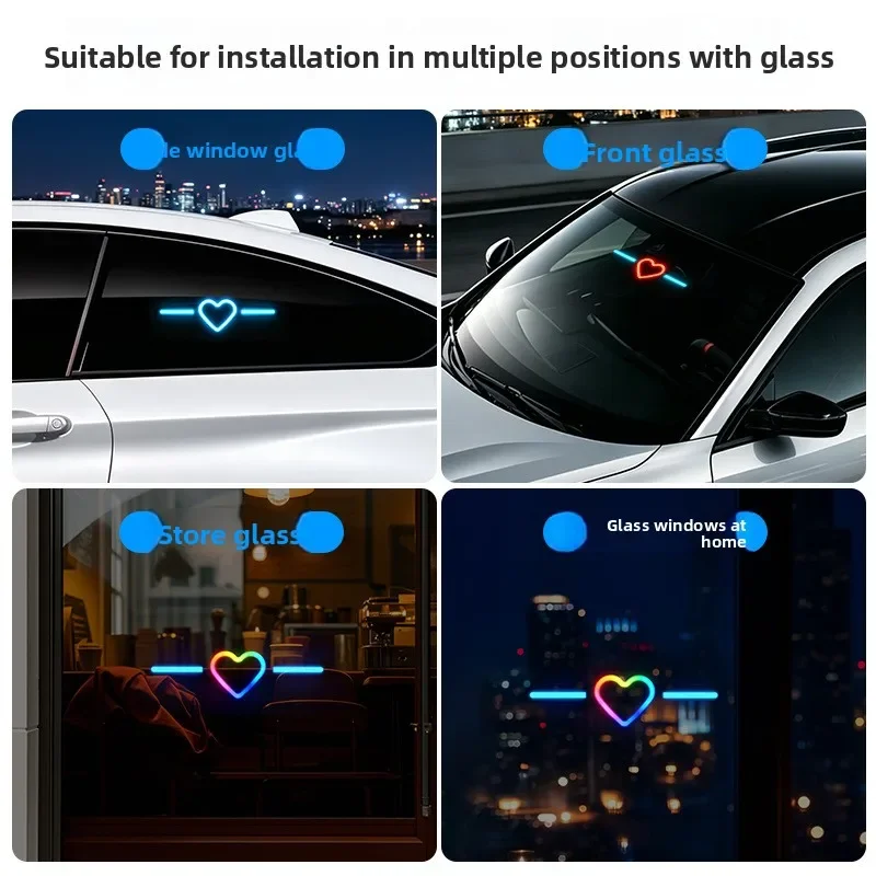 Solar Heart LED Car Atmosphere Light, Suction Cup Mount No Wiring Multi Modes Rear Tail Decor Warning Lamp Auto Accessories