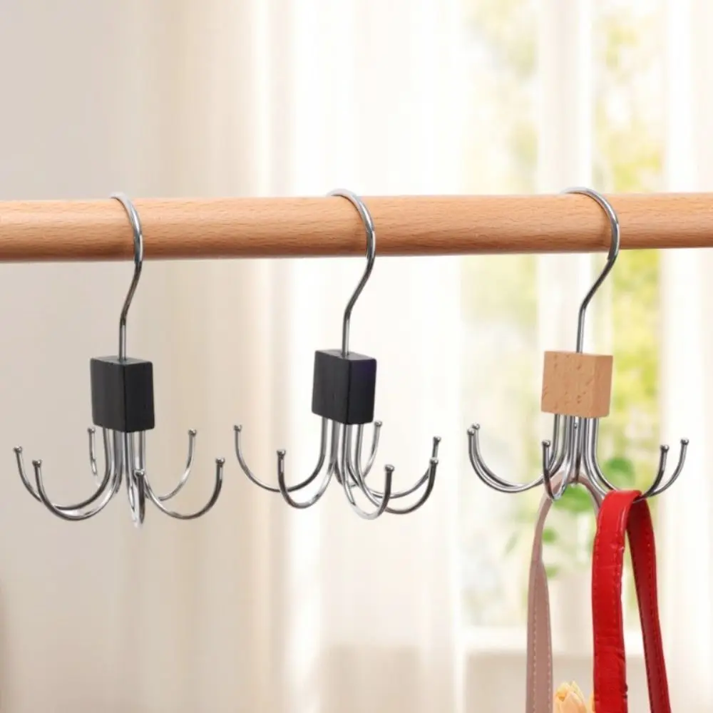 Durable Wooden Hanger Universal Rotatable Wardrobe Hook Six-claw Traceless Belt Organizer