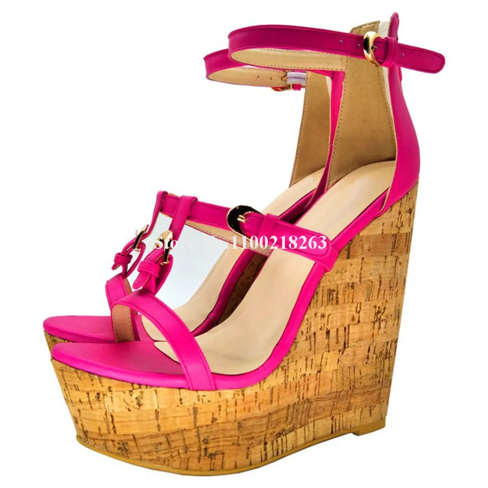 

Women Fashion Thin Straps Buckles Wedges Sandals Open Toe Red Pink High Platform T-straps Wedges Party Dress Shoes Big Size