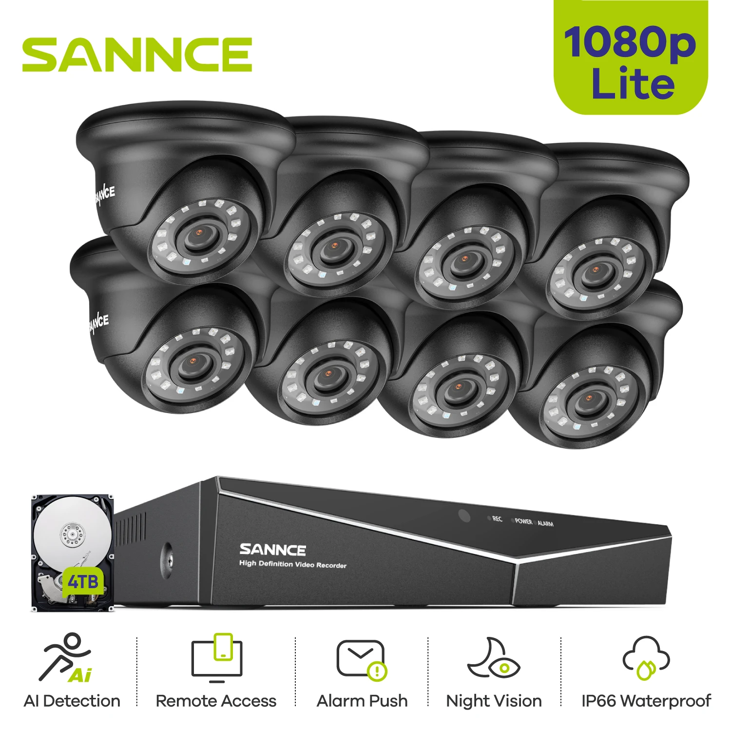 SANNCE 8CH 1080N DVR CCTV System 8pcs 1080P Dome Security Cameras IR Indoor Waterproof Outdoor Video Surveillance CCTV Kit