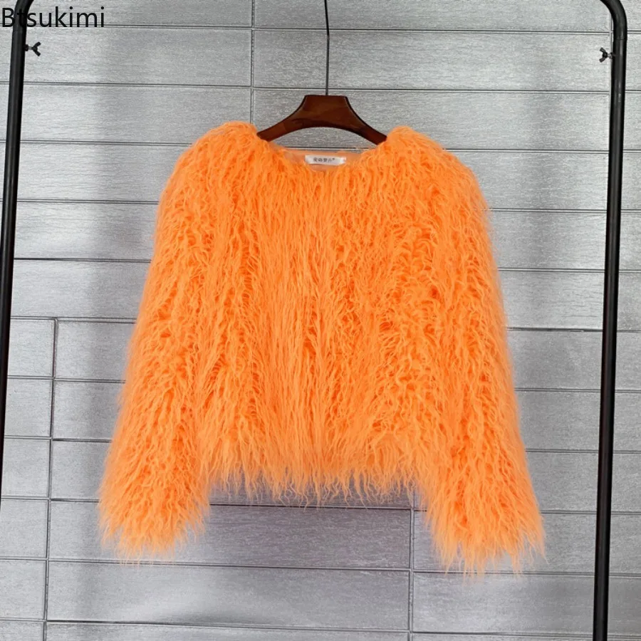 Dames pluizige bontjas kleurrijke streetwear nepbont jas Koreaanse stijl dameskleding schapenvacht jas korte mouw met lange mouwen