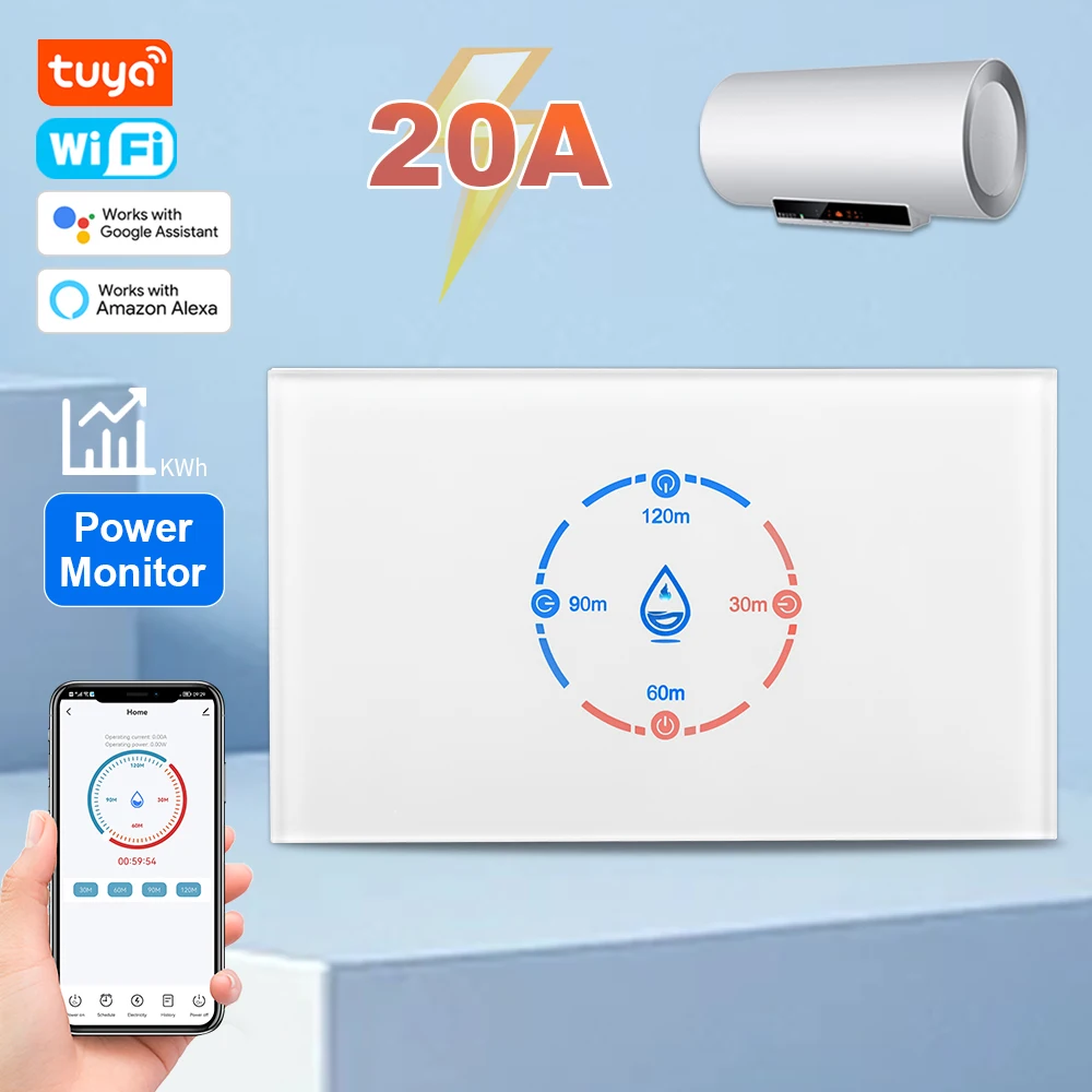 Tuya Smart Life WiFi Interruttore caldaia con monitoraggio energetico Interruttore scaldabagno intelligente 4400W 20A Standard USA per Alexa Google