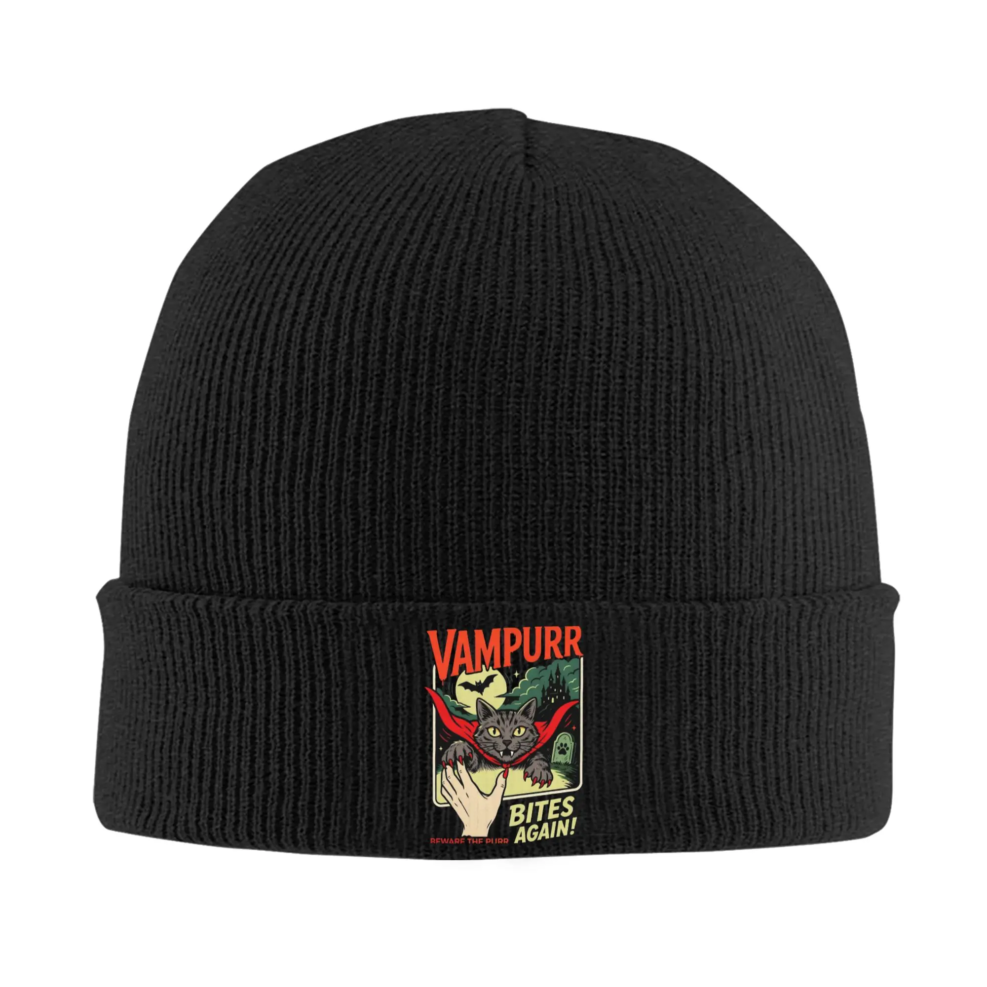 Vampurr Bites Again Halloween Vampire Cat Knitted Caps Women's Men's Skullies Beanies Autumn Winter Hats  Warm Cap