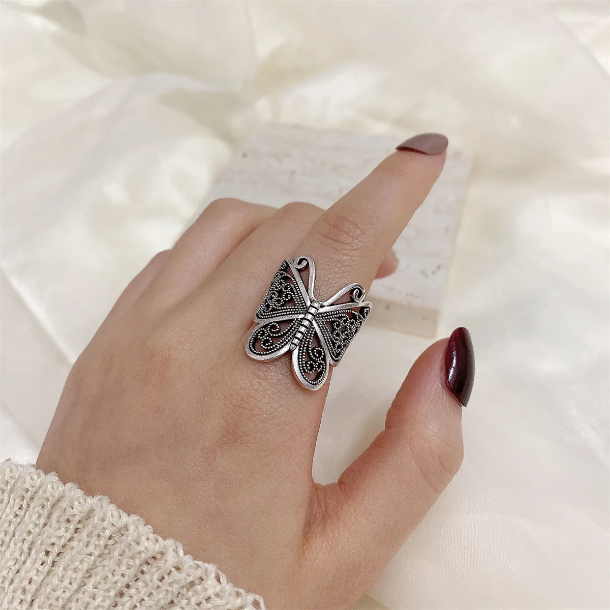 Retro Boho Butterfly Ring For Women Fashion Silver Color Owl Angel Wing Cat Animal Irregular Opening Rings Vintage Jewelry Gift