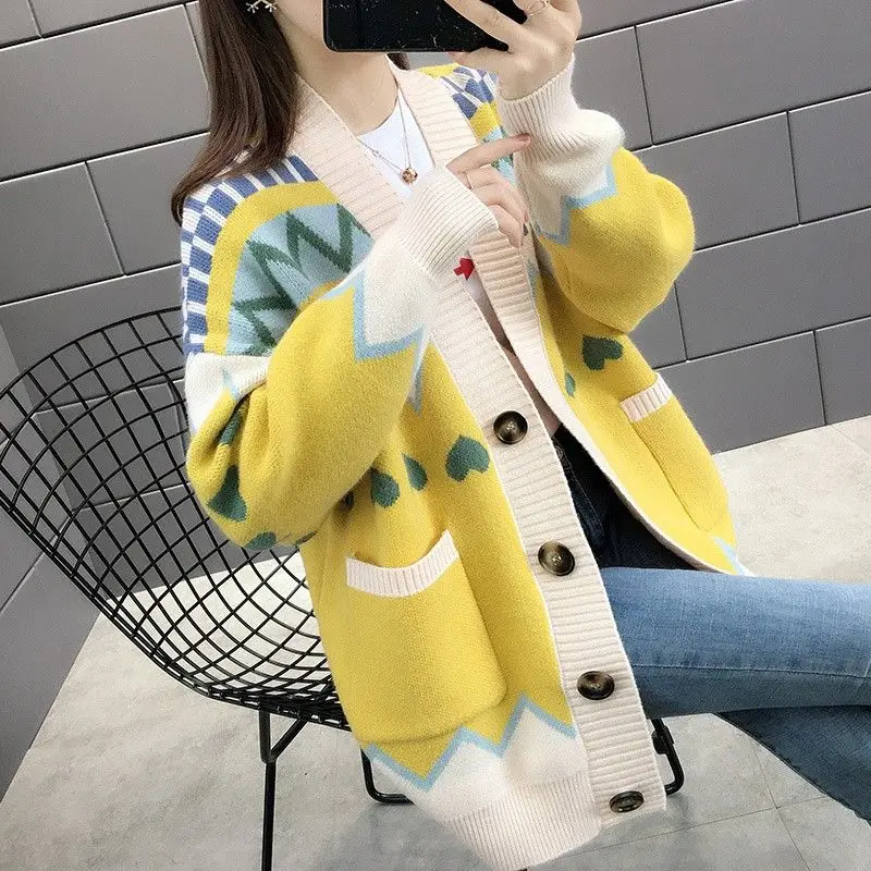 Women Autumn Fashion Loose Pocket V-neck Long Sleeve Knitwear Tops Women Clothes Trend All-match Sweet Knitting Cardigan Coat