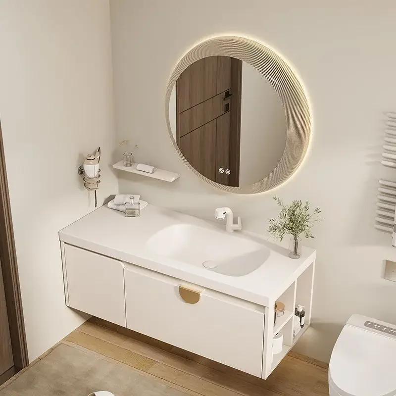 Solid Wood Simple Bathroom Cabinets Integrated Vanity Sink Makeup Mirror Nordic Bathroom Cabinet Washbasin Bathroom Furniture