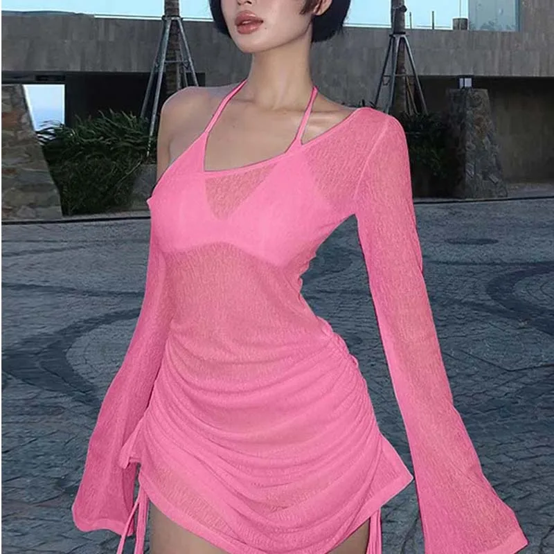 솔리드 스큐 칼라 셔링 스트랩 레이스 업 드로우 스트링 미니 드레스를 통해 볼 2025 여름 여성 파티 Clubwear 도매