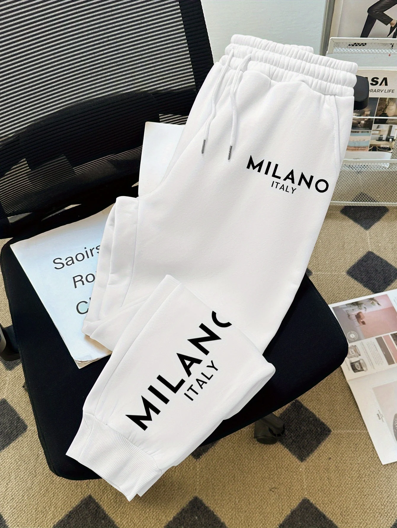 Milan Italy Minimalist Letter Print, Simple Style Men's Lined Casual Long Sweatpants For Autumn Winter Daily Street Outdoor Wear