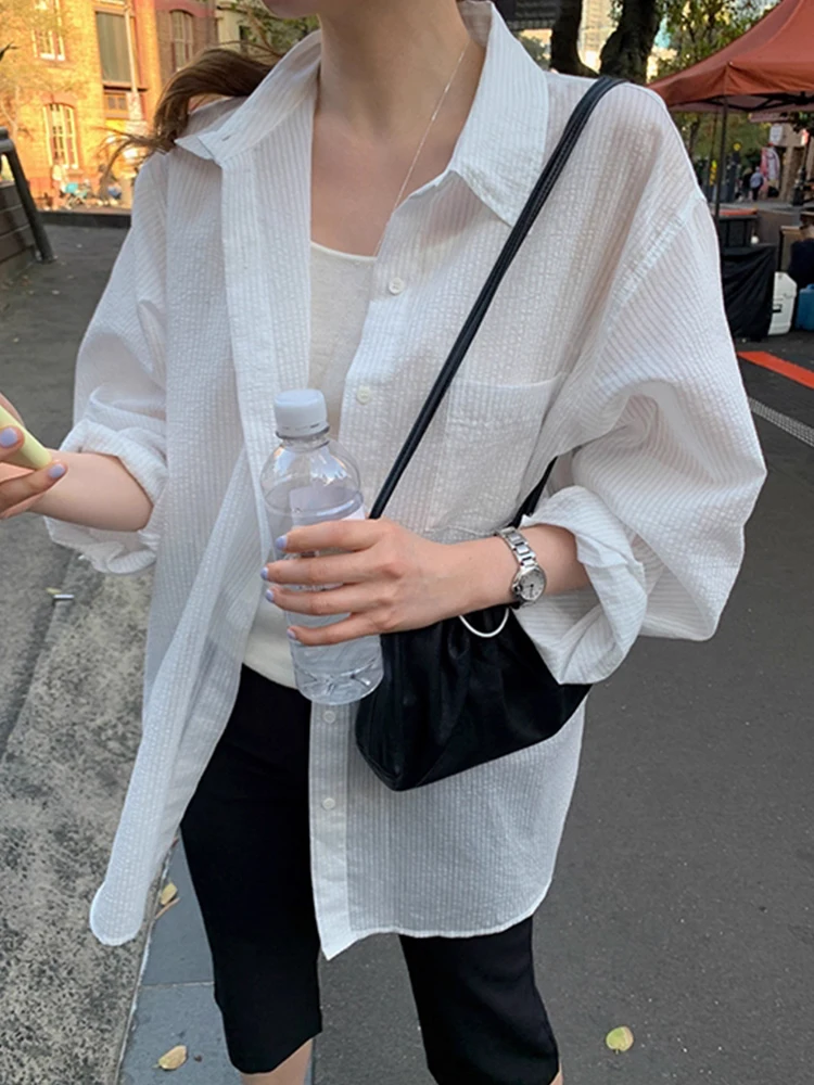 

Korean Lazy Style Stripe Woman 2025 Shirts & Blouses Lapel Long Sleeve Blusas Mujer Loose Casual Ropa Clothing Basic Camisas