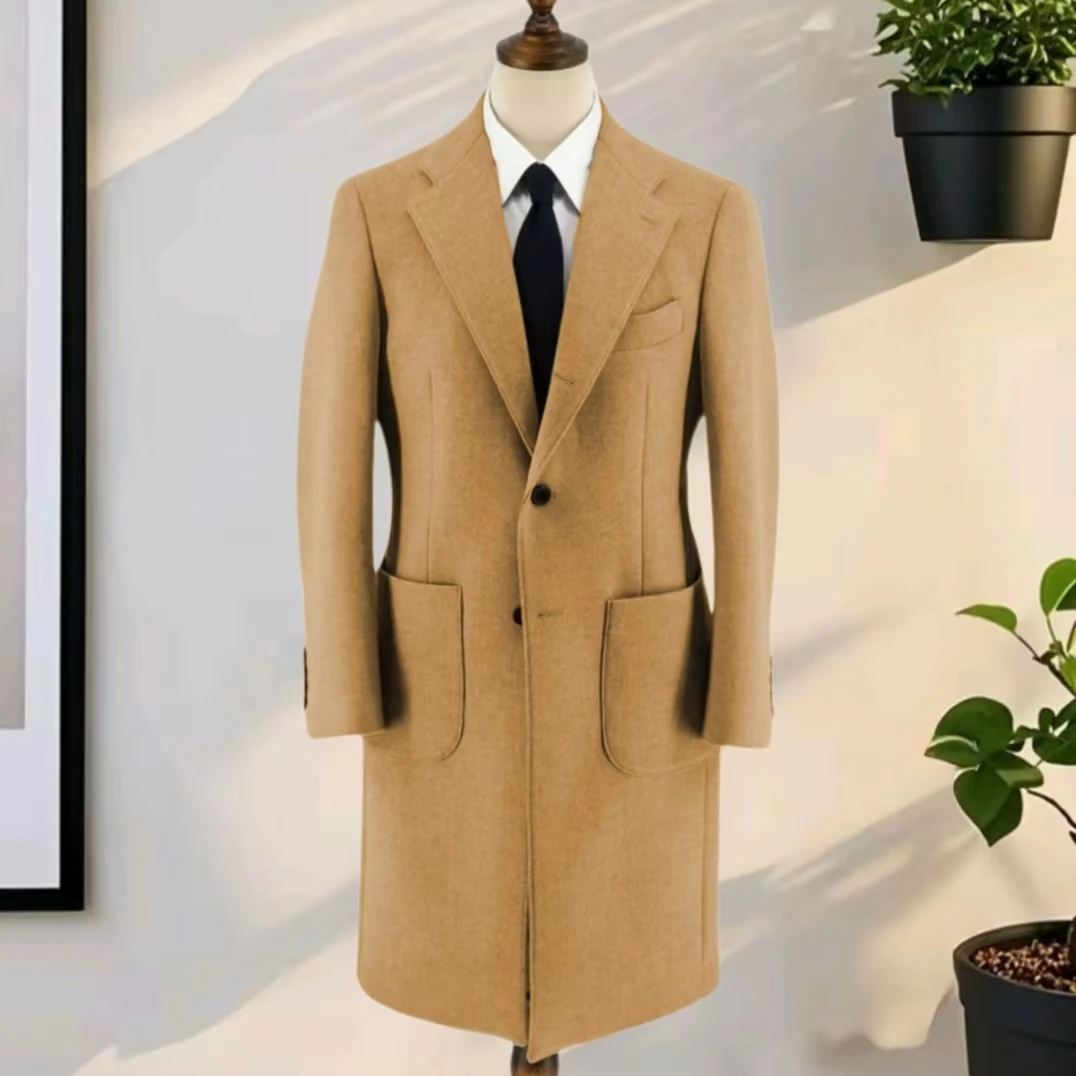 

Classic Solid Color Long Windbreaker Jacket with Wool Blend Buttons Casual Fitted Turtleneck for Daily Wear