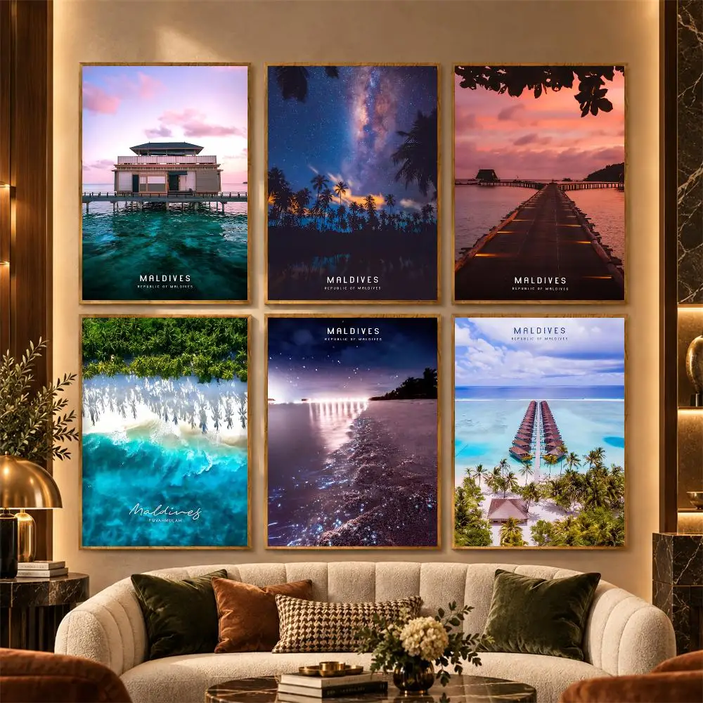 M-Maldives Poster Stickers Painting Mural HD Wall Decals for Bedroom Living Room Home Self-Adhesive Decor Gift