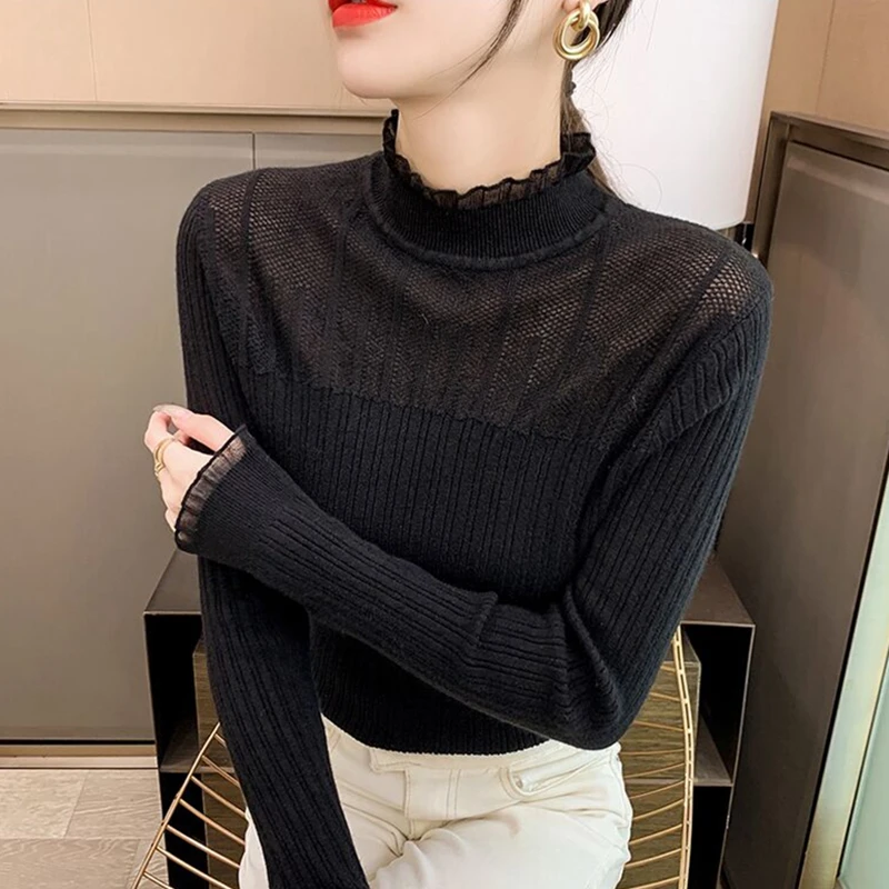 Outono/inverno pulôver de malha feminino suéteres moda manga longa meia gola alta renda blusas básicas