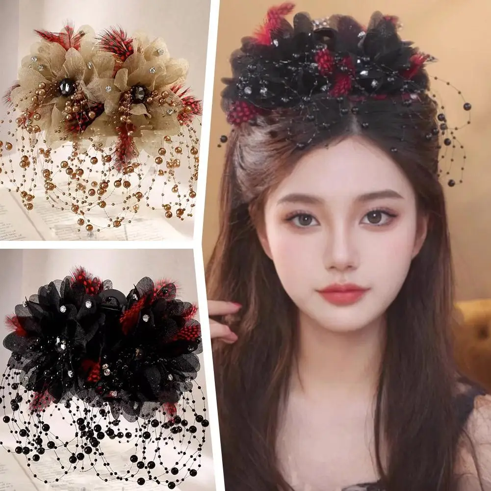 Snowflake Shape Black Mesh Floral Hair Clip Multi-layer Shark Floral Wedding Clip Hair Badge High-end Accessories Ponytail C3k4