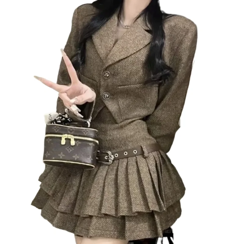 Americano retro y2k design terno feminino preppy setyle moda coreana doce terno francês casaco + saia plissada roupas femininas