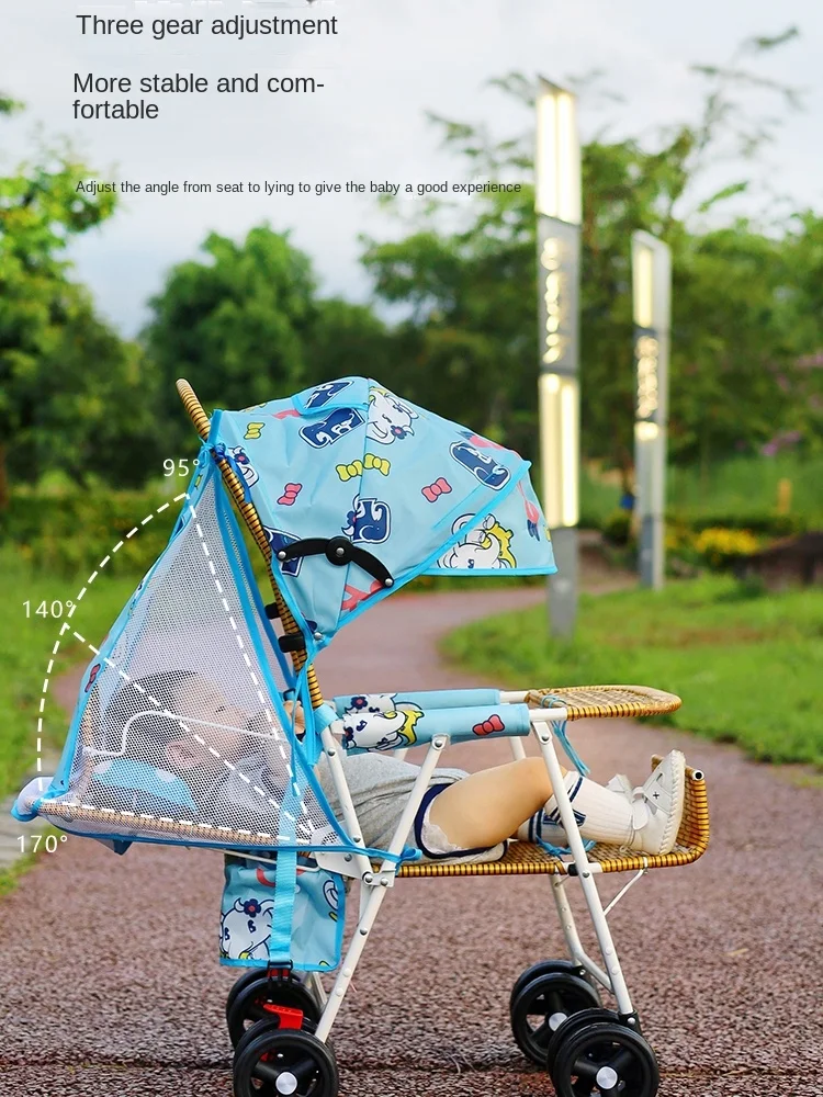 YY Bamboo Rattan Baby Stroller Can Sit and Lie Imitation Rattan Car Lightweight Bamboo Woven Stroller