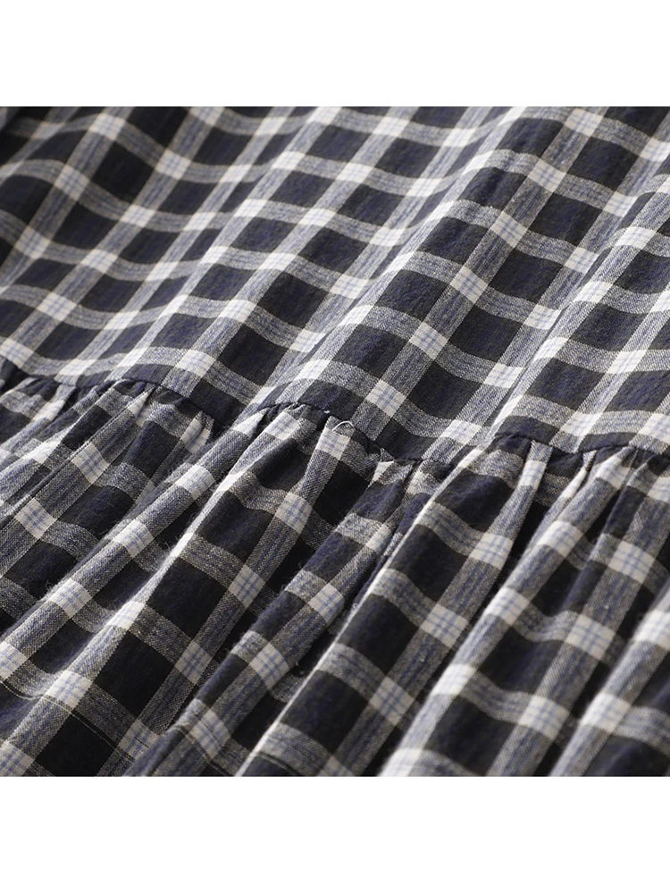 2025 Spring Autumn New Cotton Vintage Plaid Shirt Dresses For Women Long Sleeve Casual Loose Office Work Dress Elegant Clothing