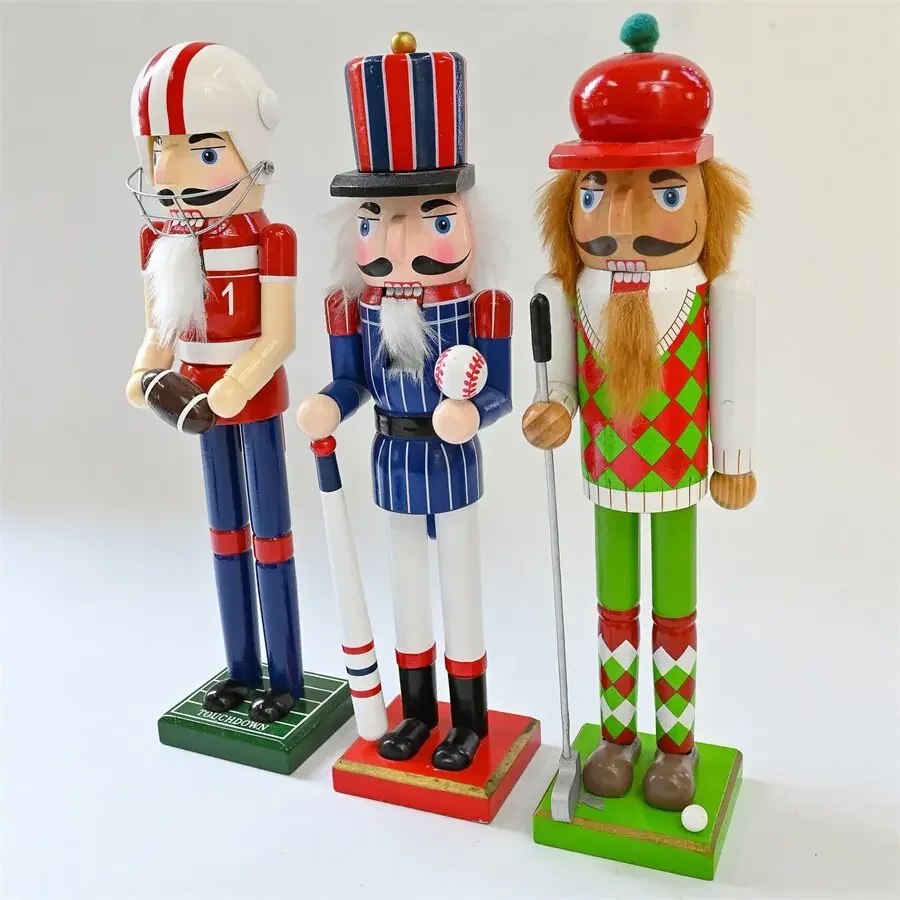 38cm Nutcracker Soldier Christmas Ornaments Wooden Handcraft Golf Rugby Nutcracker Puppet Desktop Figures Christmas Decoration