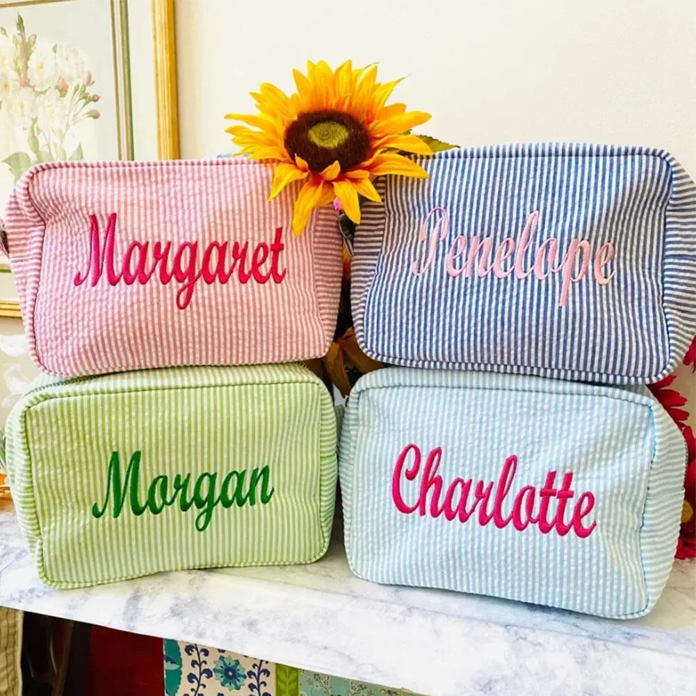 

Personalized Seersucker Cosmetic Bag Monogrammed Toiletry Bag Embroidered Make Up Bag Bridesmaid Makeup Bag Bridesmaid Gift