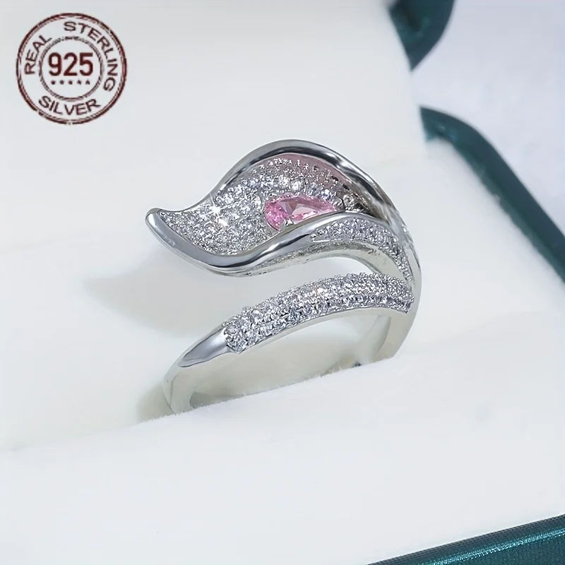 

Luxury Irregular Red Corundum Flower Pink Full CZ Couple 925 Silve Ring For Women Creative Geometric Valentine's Day Jewelry