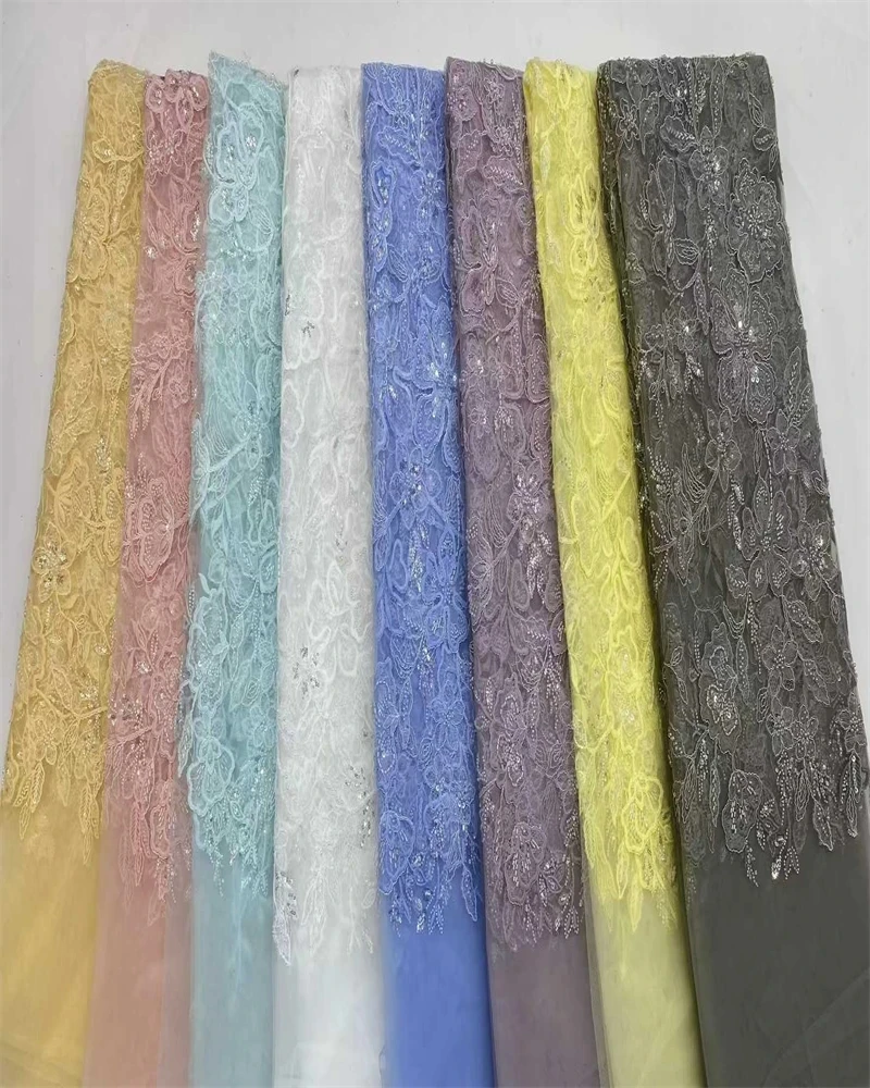

Высококачественная африканская кружевная ткань с пайетками, нигерийская вышивка, бисерный тюль для модных вечерних платьев, ткань для шитья