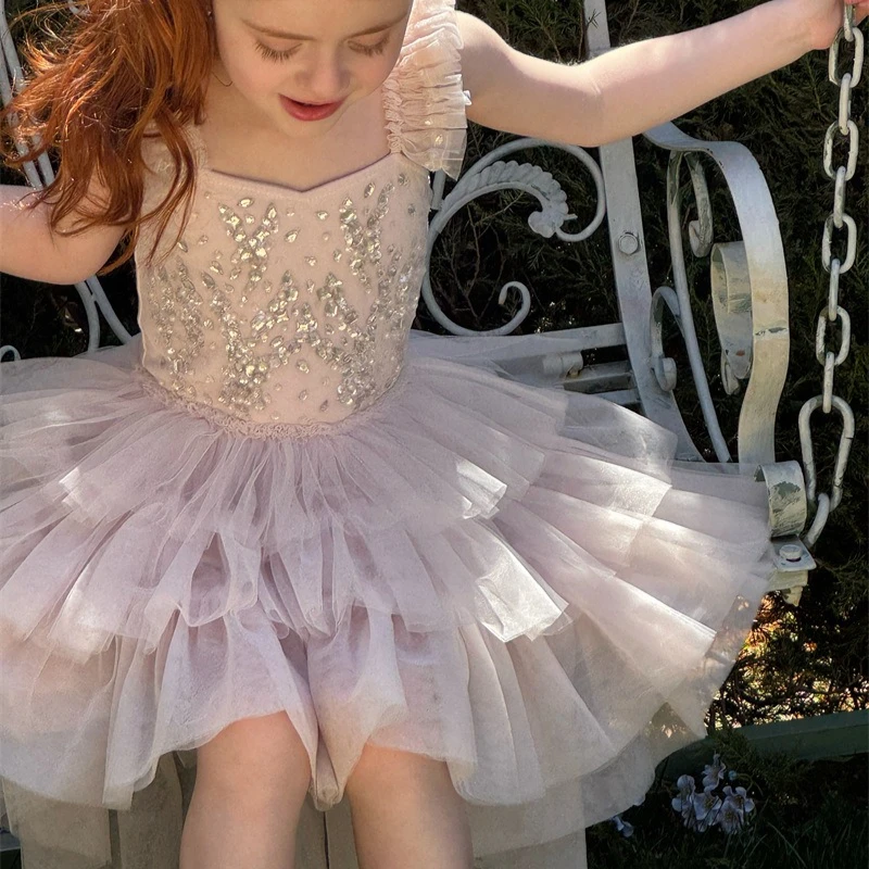 

Girls Dress 2026 Spring and Summer New Childrens Clothing Korean Style Girl Baby Sweet Hand-sewn Diamond Dovetail Gauze Skirt