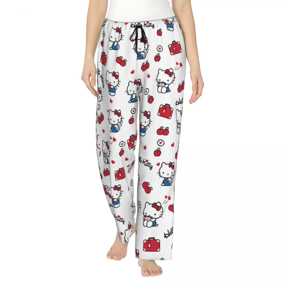 Custom Printed for Women Cartoon Anime Hello Kitty Bow Pajama Pants Sleepwear Sleep Lounge Bottoms with Pockets