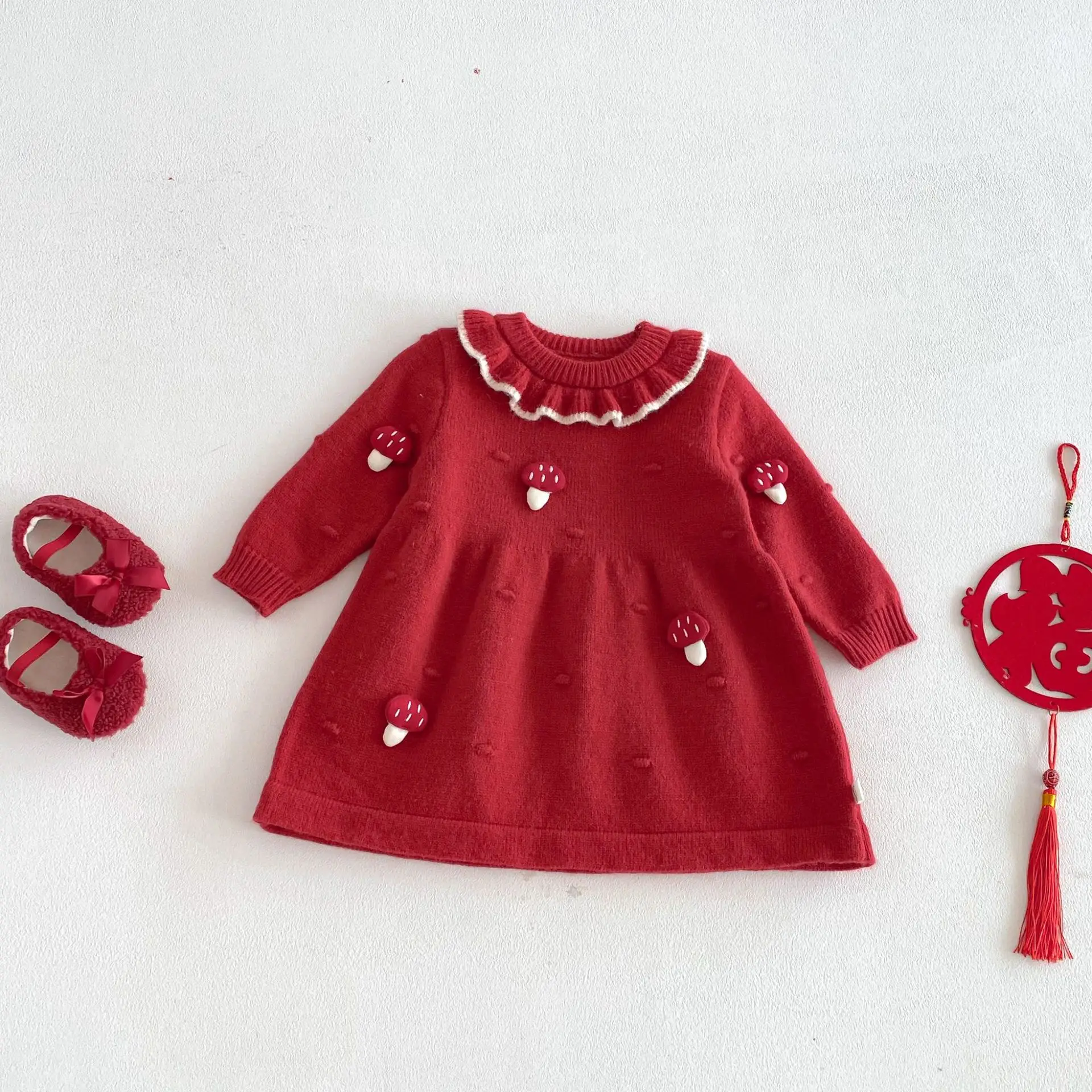 ملابس الفتيات الغربية للعام الجديد 2025 فستان محبوك فطر ثلاثي الأبعاد للشتاء الجديد سترة بعمر سنة واحدة #6